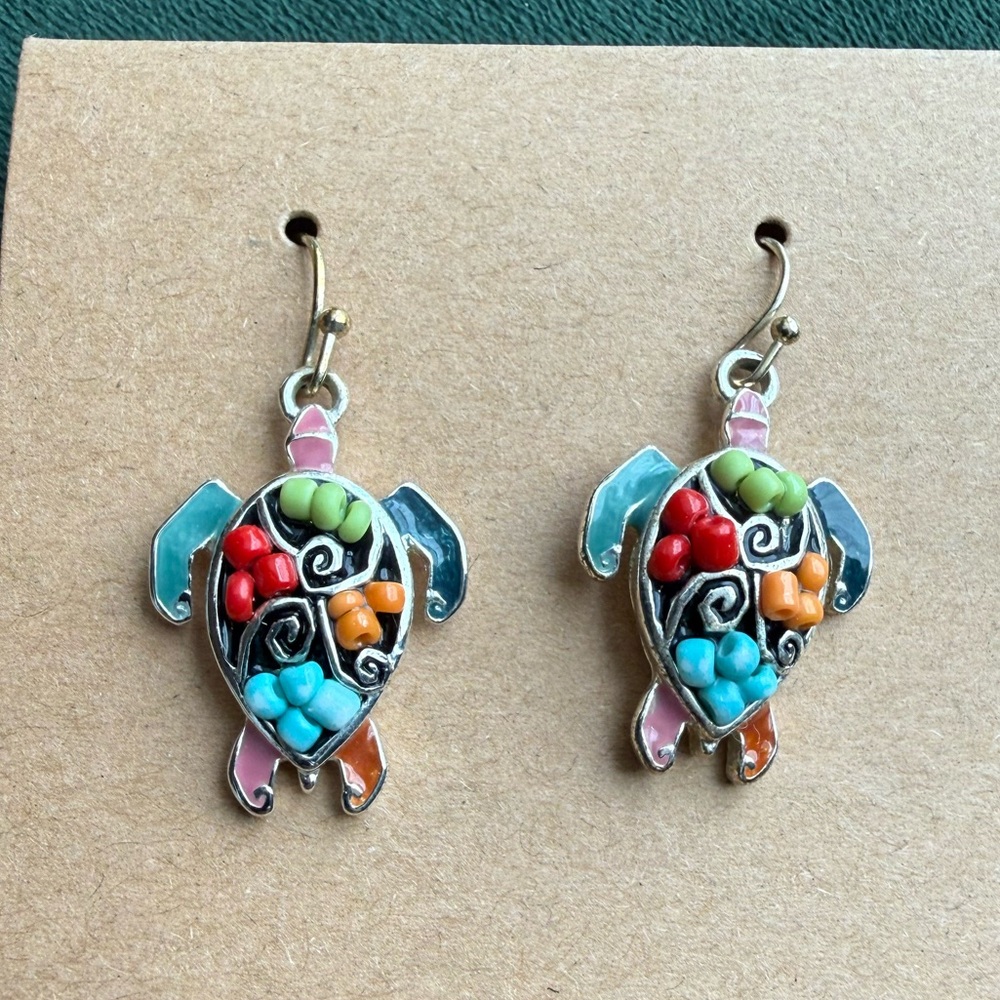 Seed Beaded Silver Sea Turtle Earrings